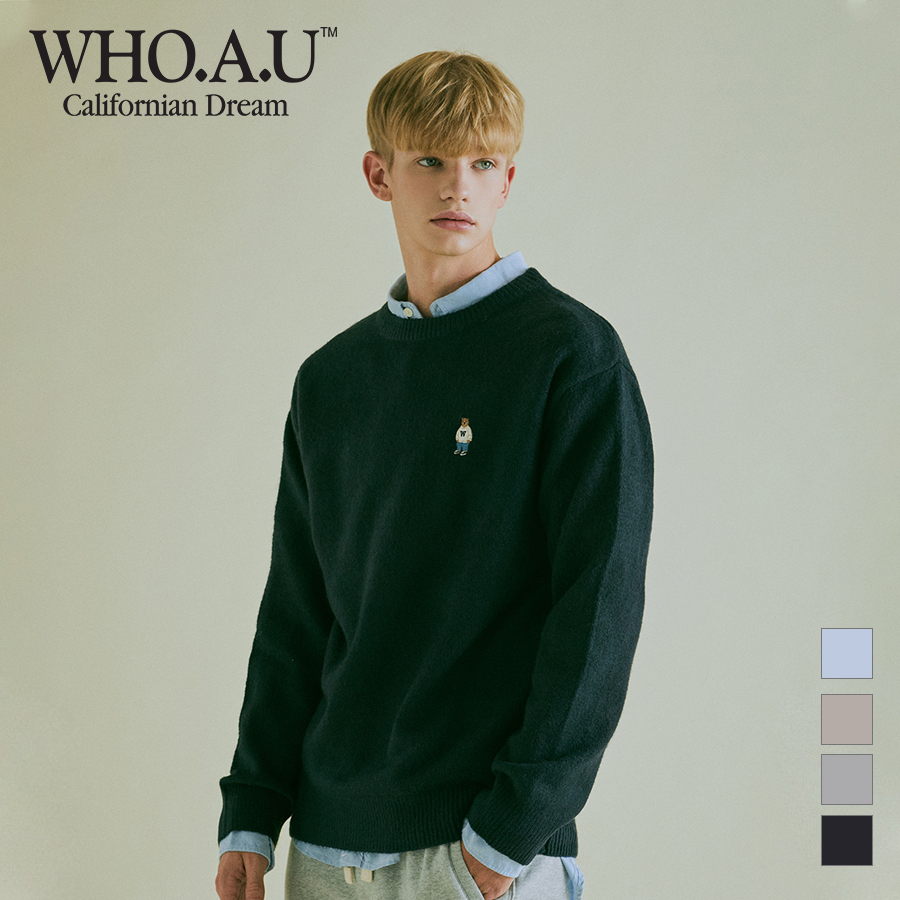 Áo  sweater WHO.A.U WHKAC4T01U tay dài thêu Steve Bear form unisex rộng dễ phối chất liệu Acrylic 60% Nylon 37% Wool 3%