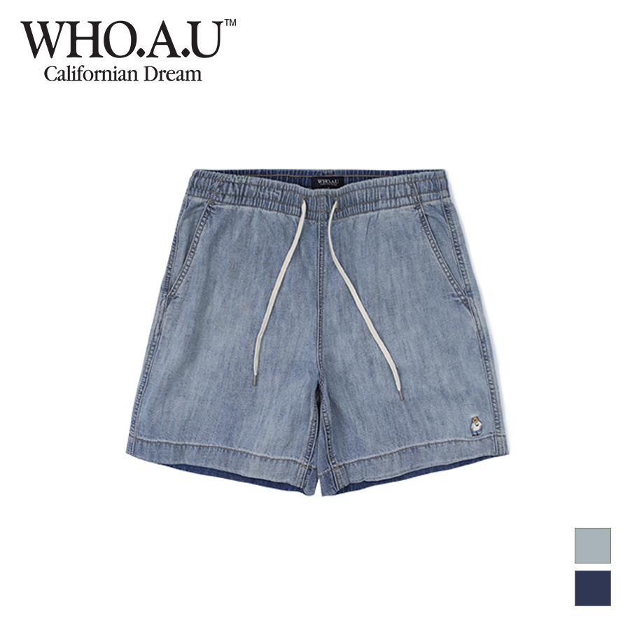 Quần short jean denim WHO.A.U WHTJD2462U lưng thun dây string hình thêu gấu Steve (mẫu mới 2023)