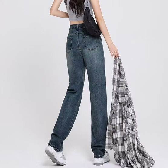 NZN Quần Jeans Ống Rộng Lưng Cao Phong Cách Retro Hàn Quốc