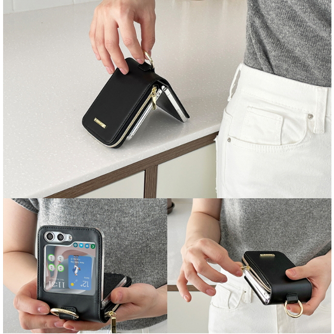 Da Ốp Điện Thoại Dạng Ví Có Vòng Đeo Tay + Phim Bảo Vệ Màn Hình Trước Cho samsung galaxy z flip5