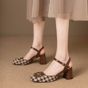 Giày Sandal Cao Gót Mũi Vuông Họa Tiết Ca Rô Thời Trang Dành Cho Nữ / Size 34-40