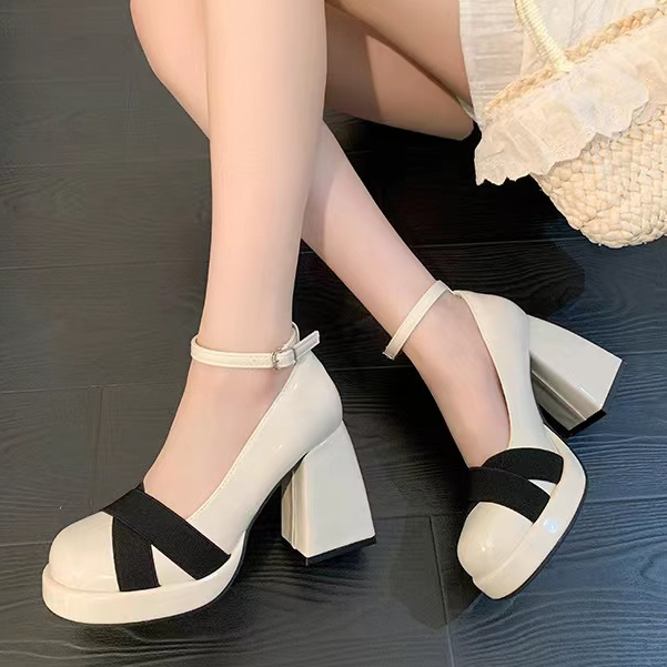 Giày Cao Gót 9CM Mũi Tròn Đan Dây Chéo Màu Trắng / Đen Thời Trang Mùa Hè 2023