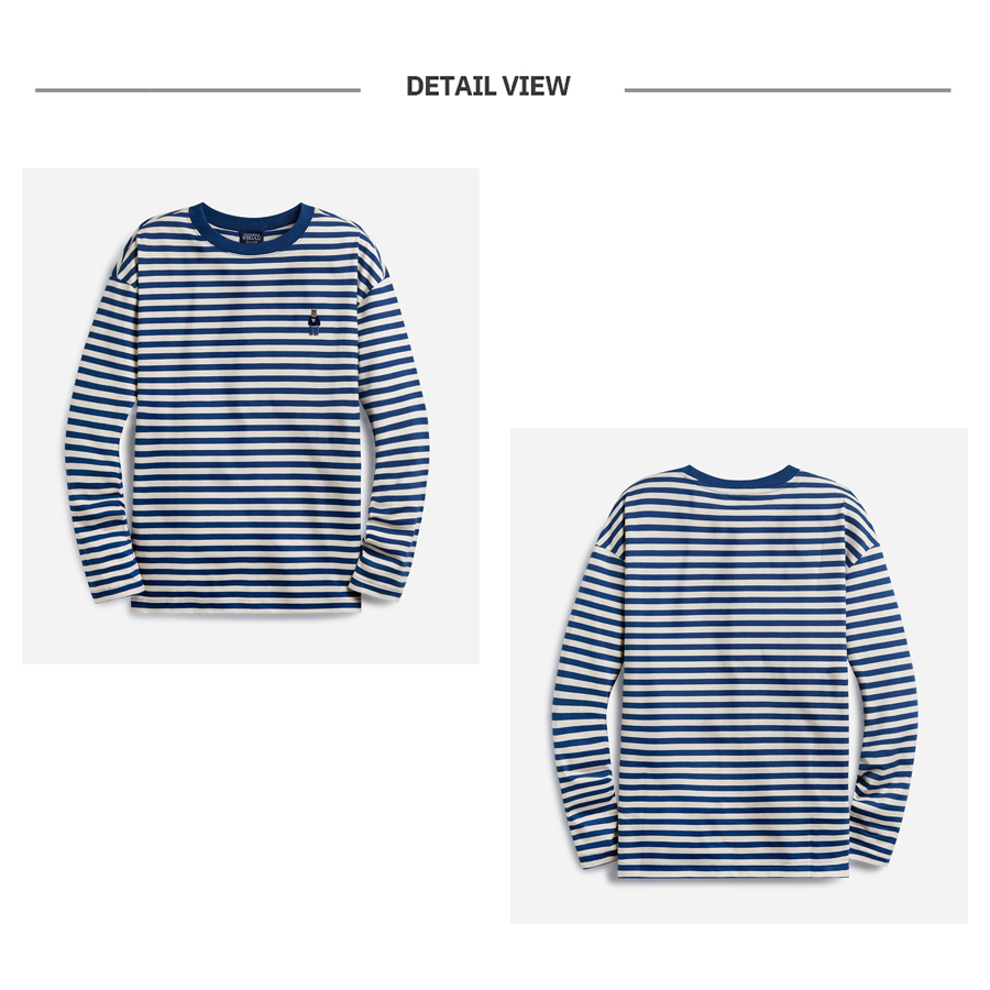 Áo thun WHO.A.U WHLSD3821U tay dài cổ tròn thêu Steve Bear unisex Steve Stripe Long Sleeve T shirt