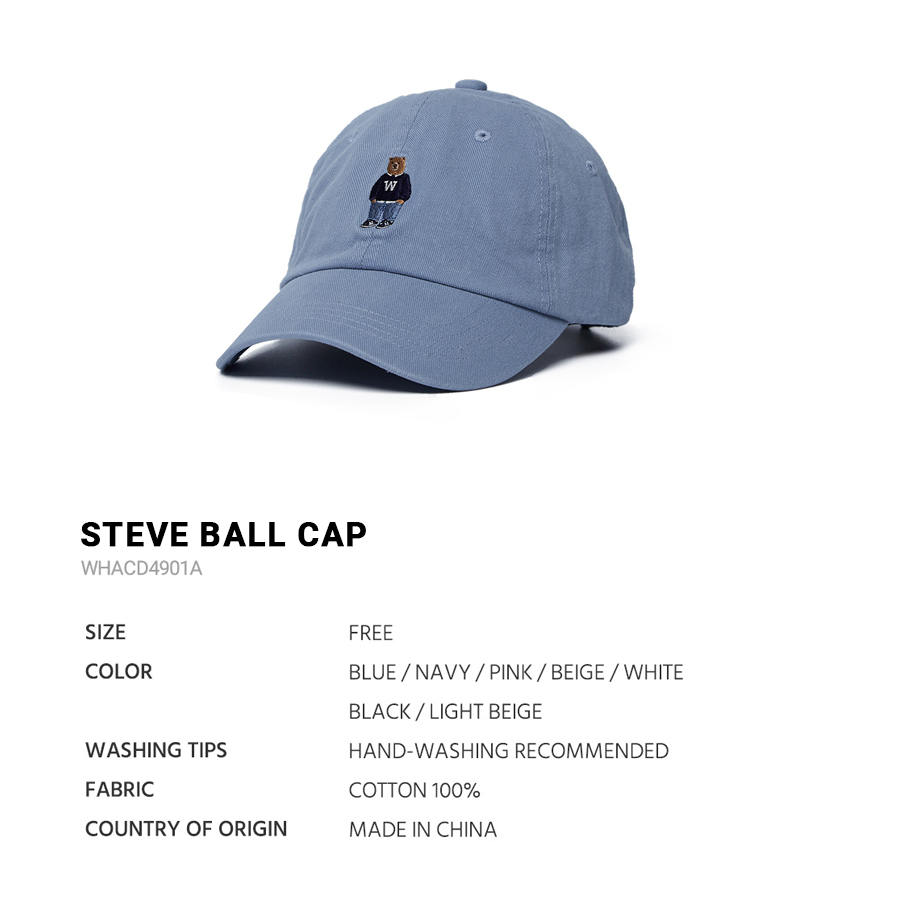 Nón bóng chày WHO.A.U WHACD4901A thêu Steve Bear 100% Cotton Steve Ball Cap
