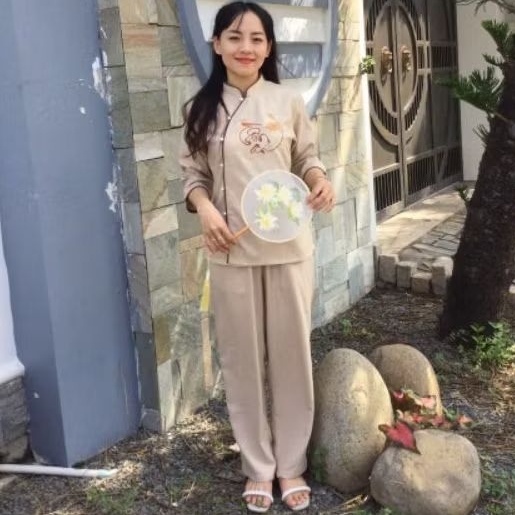 Set bộ nữ tâm an linen cao cấp đồ lam đi chùa nữ