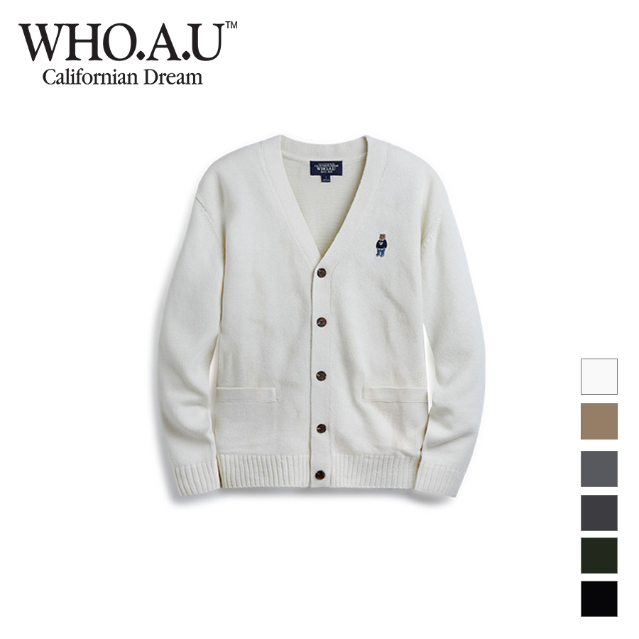 Áo Cardigan WHO.A.U WHCKD4901U tay dài cổ chữ V nút gài có túi chất vải 100% Acrylic Steve V Neck Cardigan