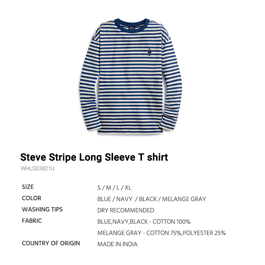 Áo thun WHO.A.U WHLSD3821U tay dài cổ tròn thêu Steve Bear unisex Steve Stripe Long Sleeve T shirt