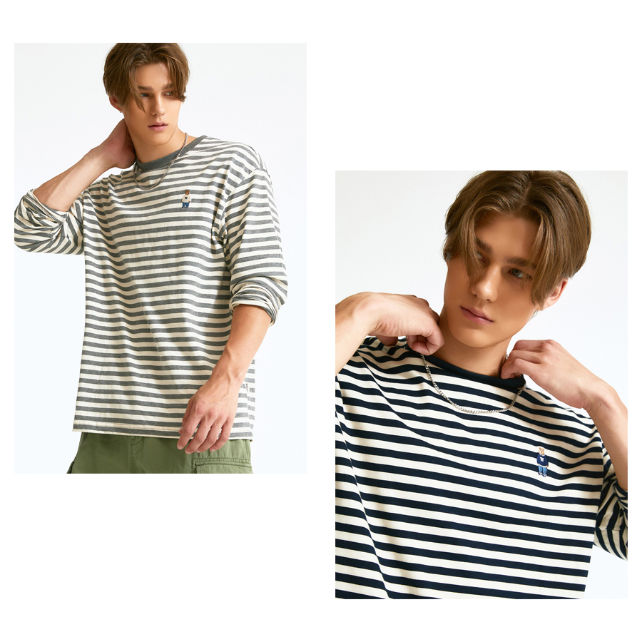 Áo thun WHO.A.U WHLSD3821U tay dài cổ tròn thêu Steve Bear unisex Steve Stripe Long Sleeve T shirt