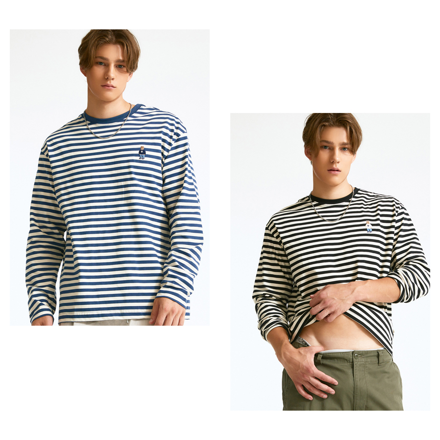 Áo thun WHO.A.U WHLSD3821U tay dài cổ tròn thêu Steve Bear unisex Steve Stripe Long Sleeve T shirt