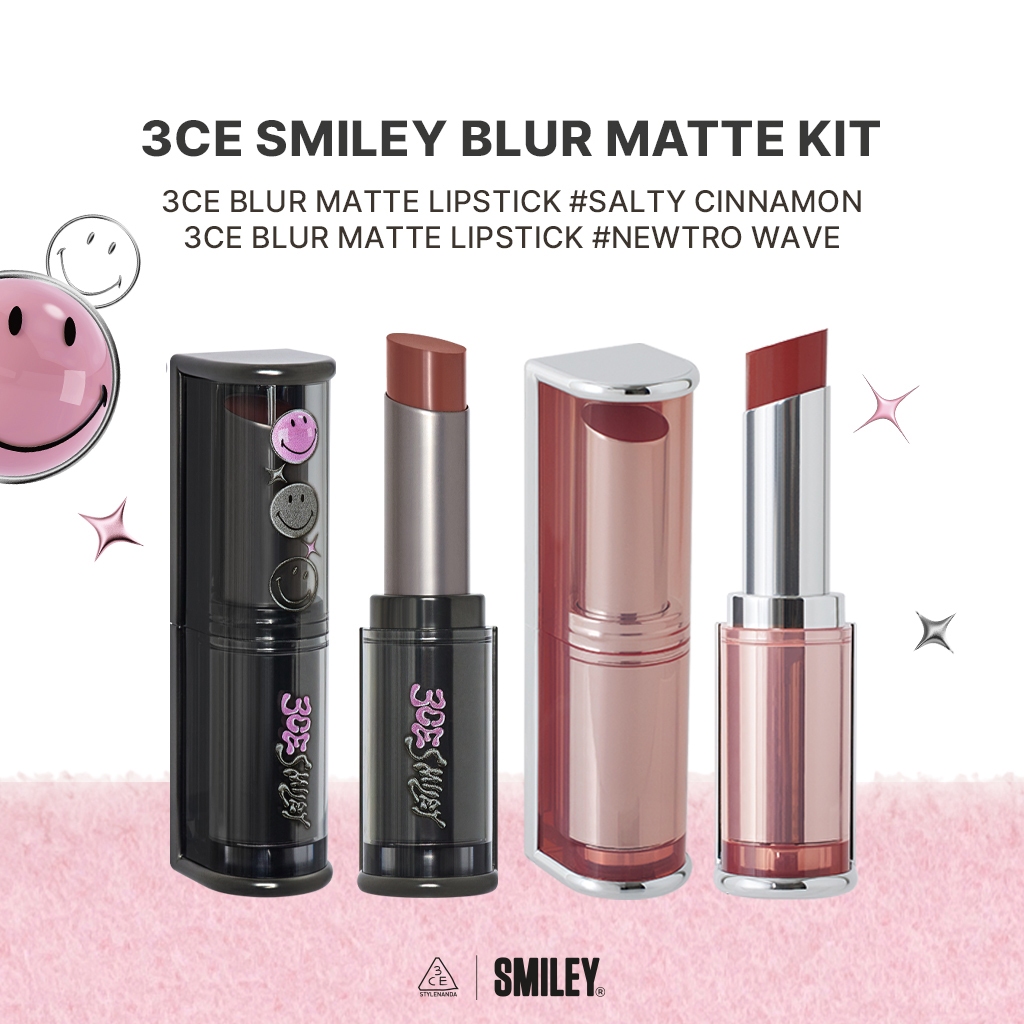 Bộ son môi 3CE lì nhám màu sắc thời trang phiên bản Smiley giới hạn 3CE Smiley Blur Matte Lipstick Kit | Official Store Kit Make up Cosmetic