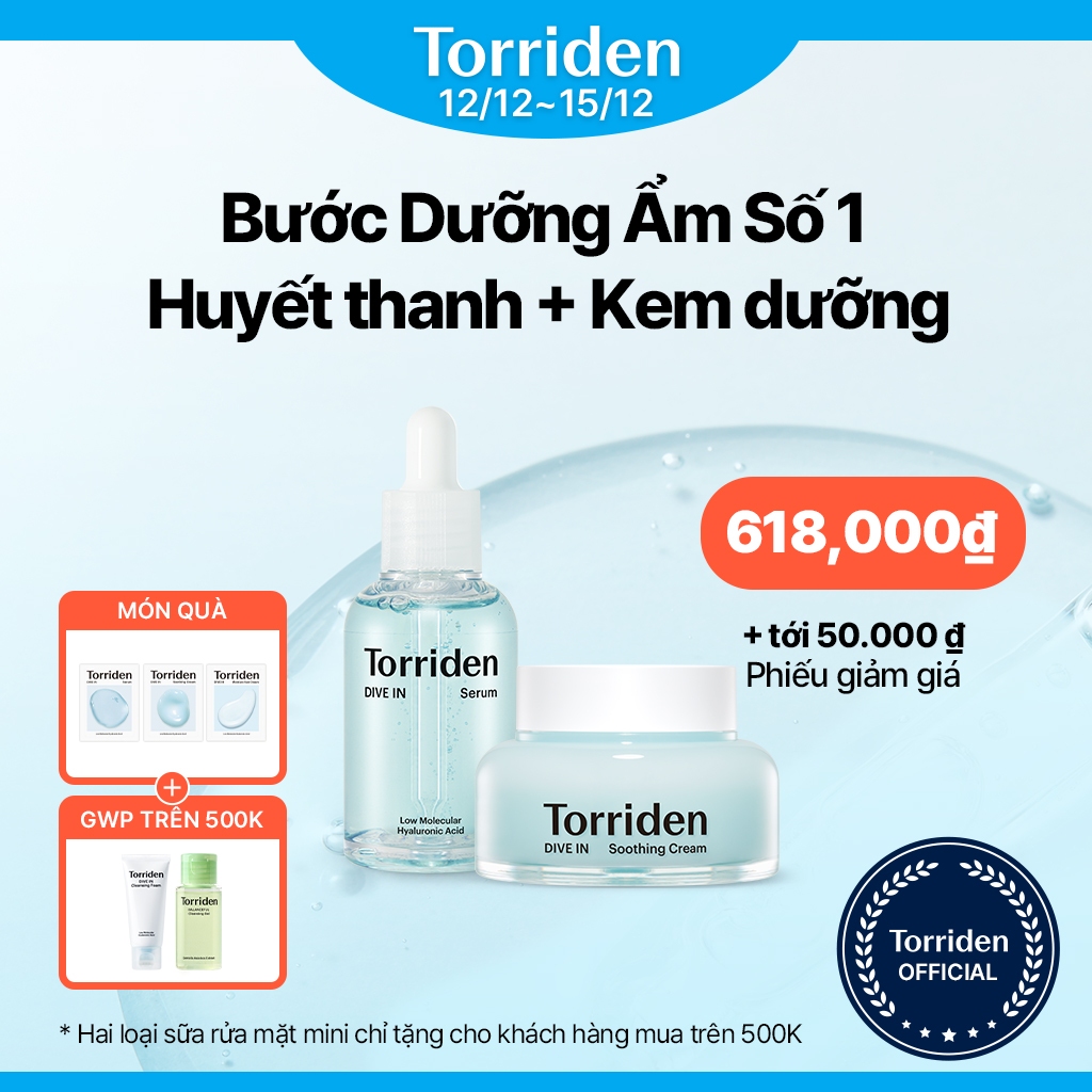 Serum axit hyaluronic phân tử thấp 50ml + Kem dưỡng làm dịu da mặt axit hyaluronic phân tử thấp 100ml DIVE IN TORRIDEN