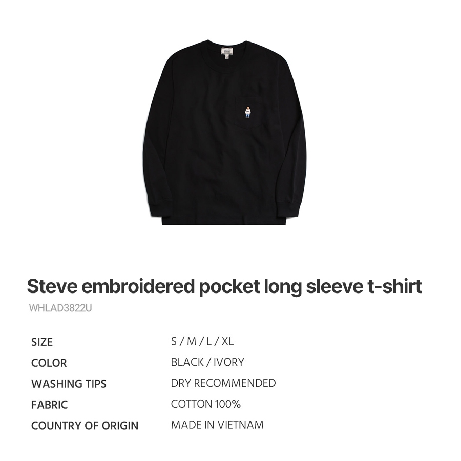 Áo thun WHOAU WHLAD3822U Steve 100% cotton tay dài thêu họa tiết có túi thời trang