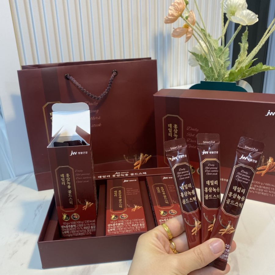 Hộp hồng sâm 6 năm tuổi nhung hươu cao cấp JW Daily Red Ginseng Antler Gold 10gx30 gói + túi quà tặng