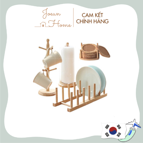 Bộ đồ dùng nhà bếp bằng gỗ Hàn Quốc gồm: Kệ giá treo ly cốc 6 móc, Giá úp cốc chén/đĩa/sách, Giá treo cuộn khăn giấy nhà bếp, miếng lót ly cao cấp