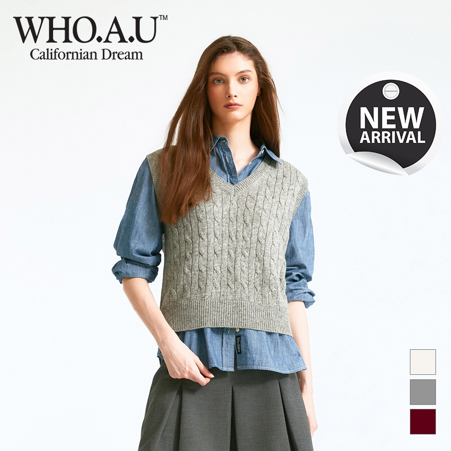 Áo len gile WHO.A.U WHKVD4931F cổ chữ V vặn thừng 50% Arcrylic, 30% Nylon, 20% Wool (3 màu)