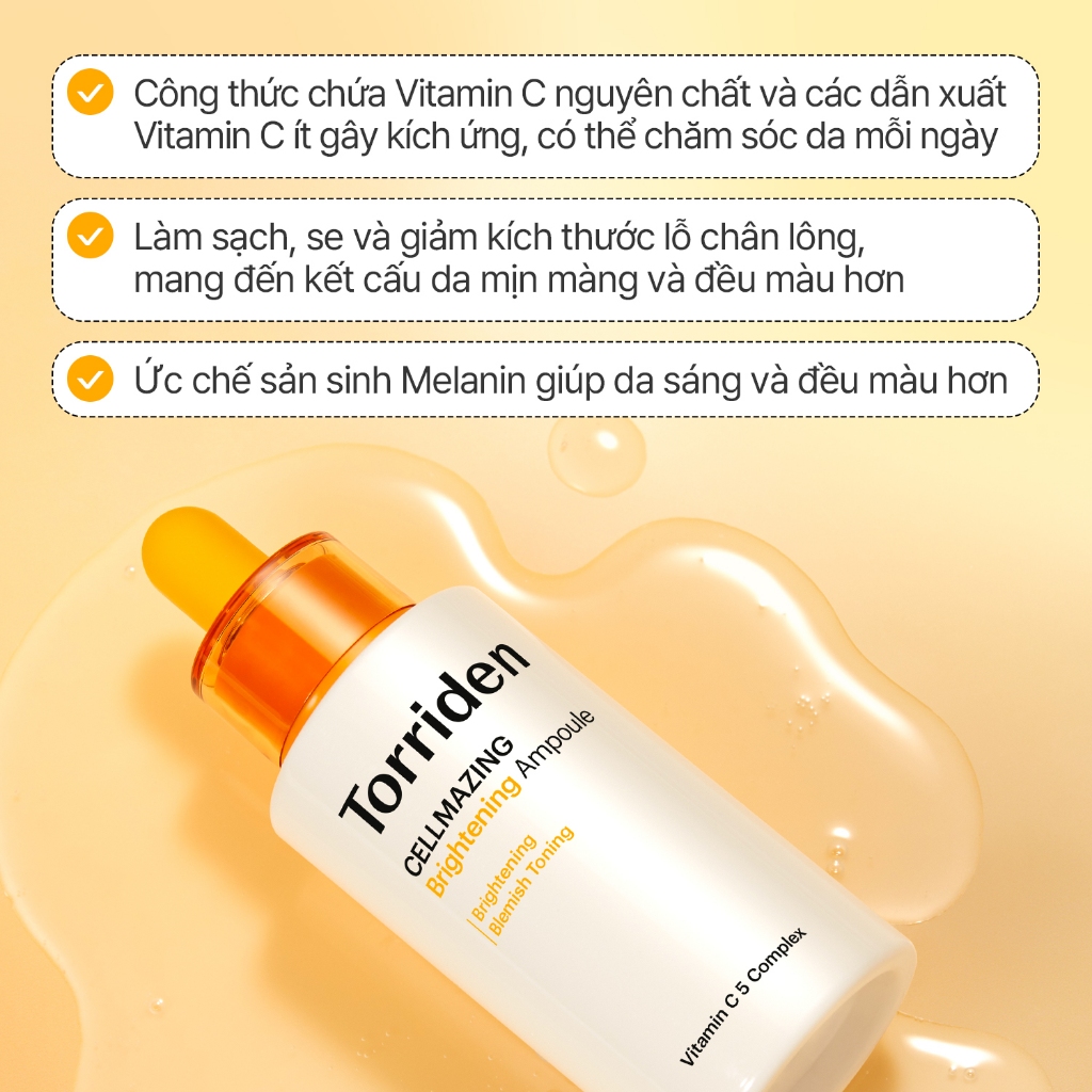 [Torriden chính hãng] Tinh chất sáng trắng Vitamin C Brightening giúp cải thiện tông màu và kết cấu da, khắc phục các vết thâm da, 30ml