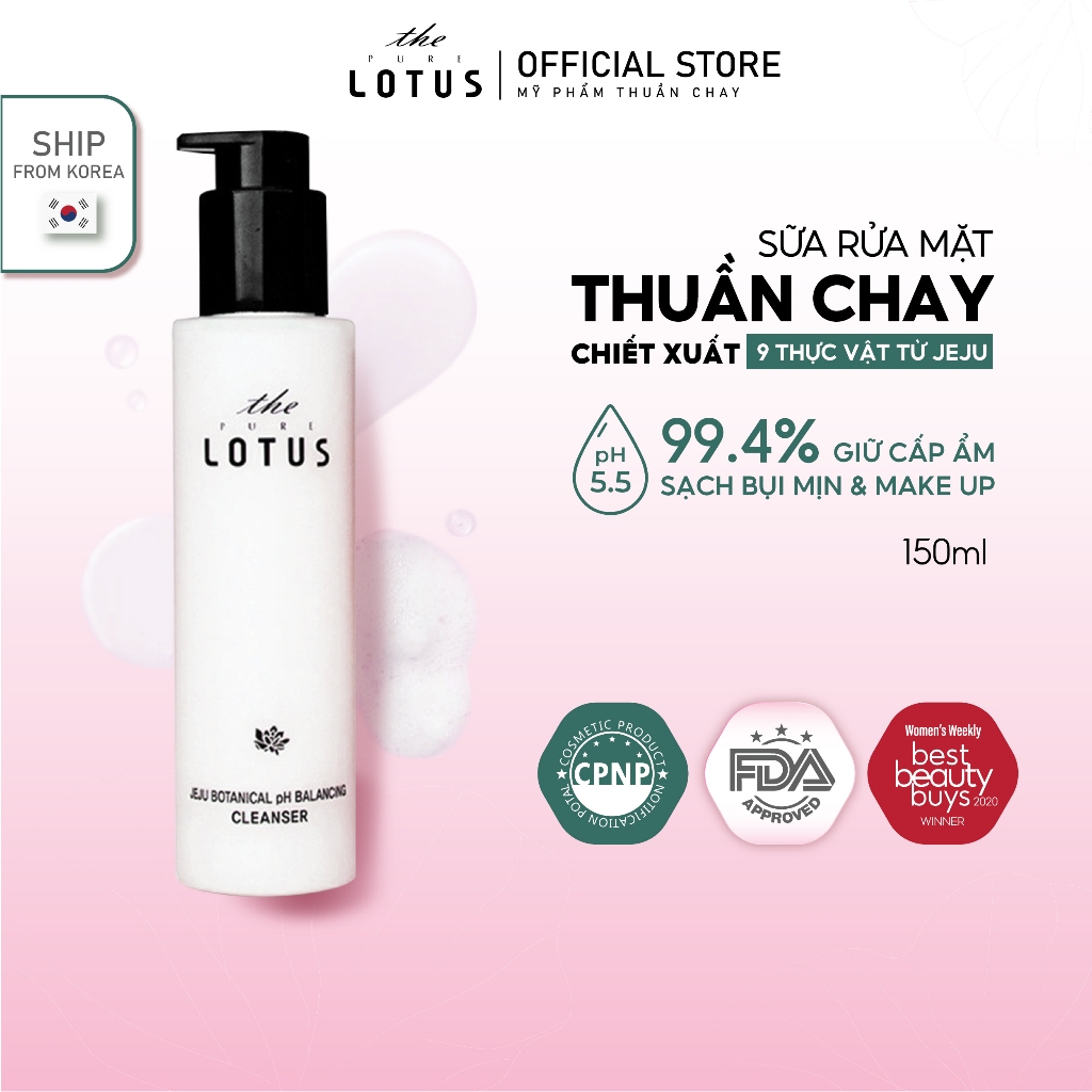 Sữa rửa mặt thuần chay Hàn Quốc cân bằng độ pH The Pure Lotus 150ml giữ và cấp ẩm cho da khô, chiết xuất 9 loại thực vật đảo jeju, không gây kích ứng, srm tạo bọt chống oxi hoá có tính axit nhẹ làm sạch sâu bụi mịn, sạch lớp make up, tẩy trang hiệu quả.