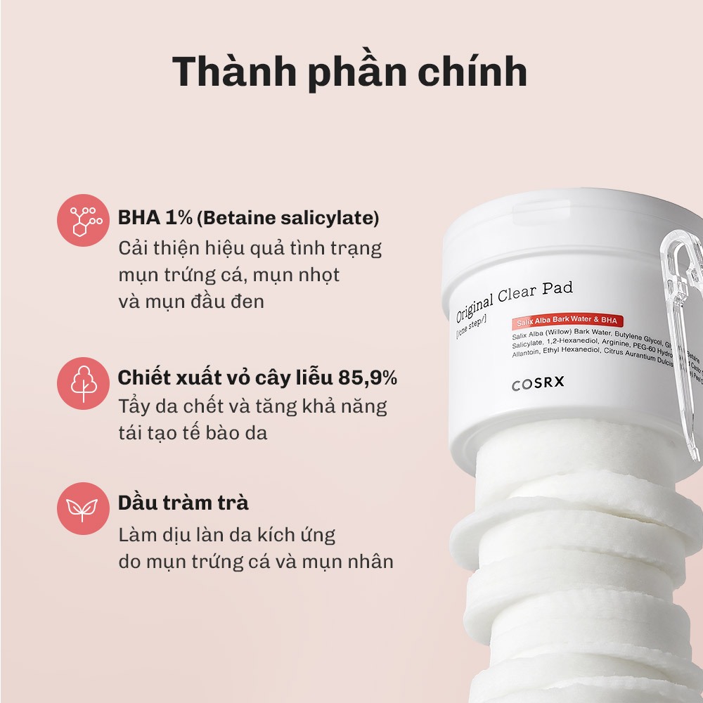 [Chỉ còn 150K sau khi áp voucher]  Hộp 70 bông toner tẩy tế bào chết COSRX BHA One Step Original Clear 135ml - cải thiện mụn đầu đen, mụn đầu trắng