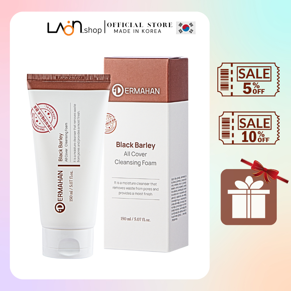 Sữa Rửa Mặt Lúa Mạch Đen Ngừa Lão Hóa , Thu Nhỏ Lỗ Chân Lông  Dermahan  Black Barley All Cover Cleansing Foam 150ml