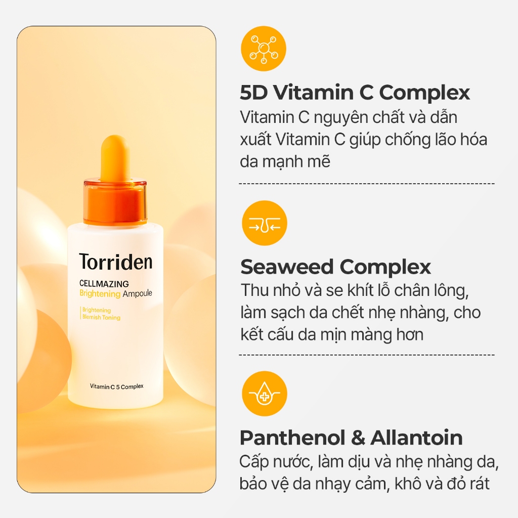 [Torriden chính hãng] Tinh chất sáng trắng Vitamin C Brightening giúp cải thiện tông màu và kết cấu da, khắc phục các vết thâm da, 30ml