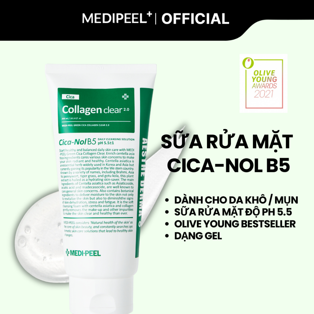 Medi-Peel Sữa rửa mặt dành cho da dầu mụn Cica B5 Collagen Green Cica 300ml