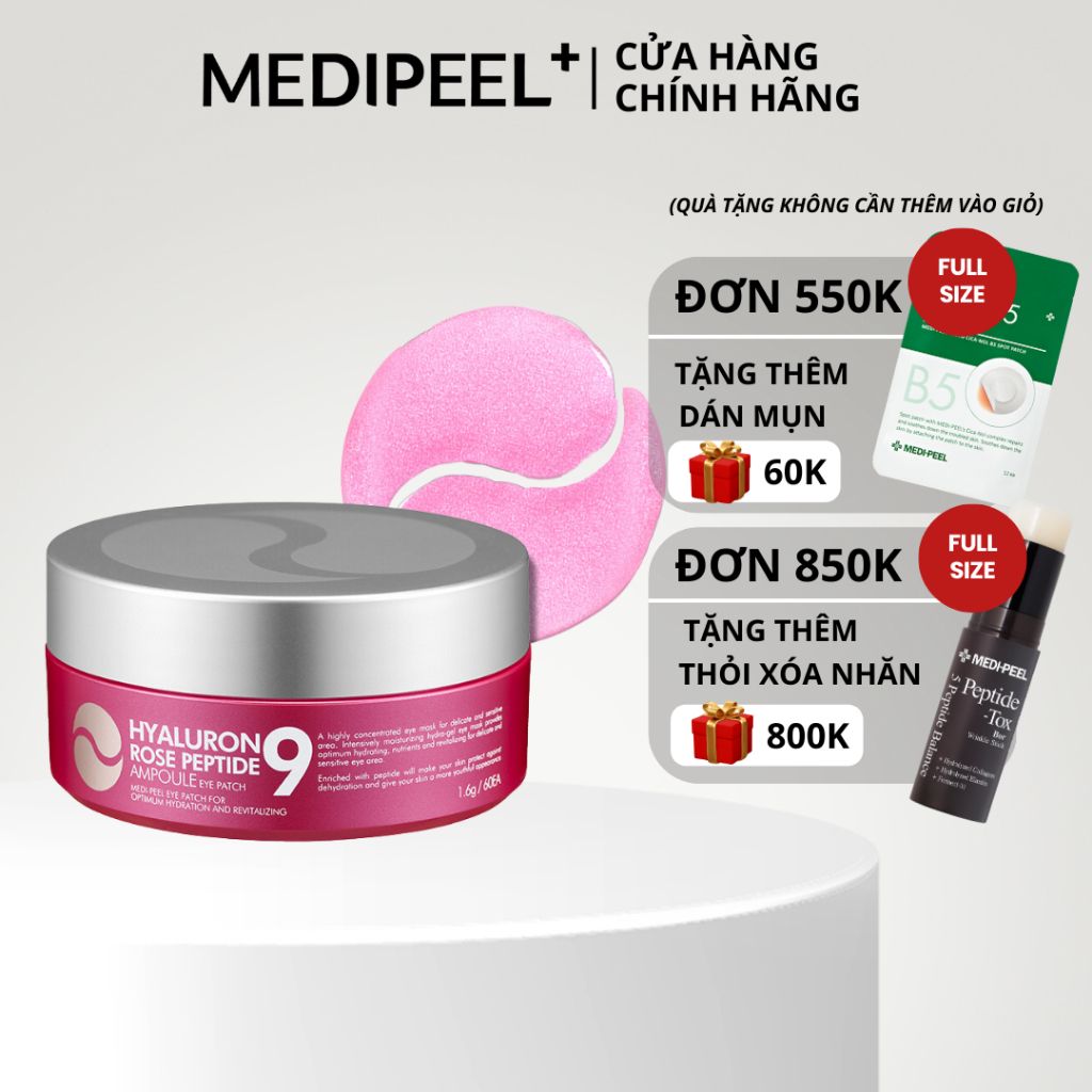Hộp 60 miếng mặt nạ mắt MEDIPEEL Hàn Quốc - HYALURON ROSE PEPTIDE 9 AMPOULE EYE PATCH 1.6g/ miếng