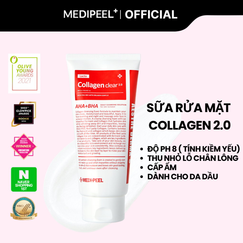 Sữa Rửa Mặt Collagen MEDIPEEL Red Lacto Collagen thu nhỏ lỗ chân lông 2.0 300ml