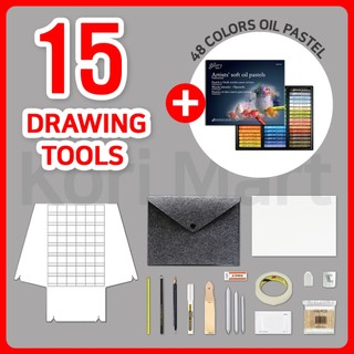 [Mungyo] Gallery Soft Oil Pastels Set of 48 with Drawing Materials (Color Chart, A5 Paper, Wipes, Blending Tortillon 3Set, Sandpaper Sharpener, 3M Masking Tape, Black Pencil, Yellow Pencil, Paint Marker, Eraser, Sharpener, Easel, Coton Swab)