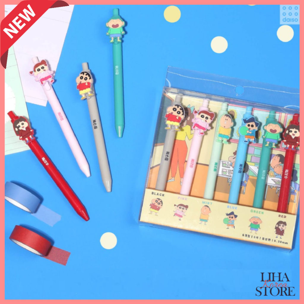 Daiso Hàn Quốc Crayon Shin Chan Ball Pen 6 chiếc 1 bộ Crayon Shin Chan hàng bút silicon, Crayon Shin