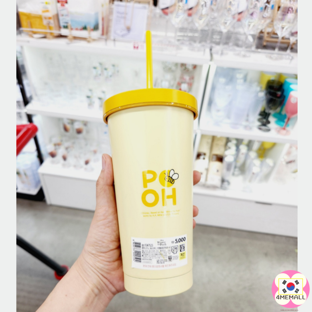 DAISO DISNEY Bình Nước Inox 500ml Kèm Ống Hút Họa Tiết Gấu pooh Xinh Xắn 500ml