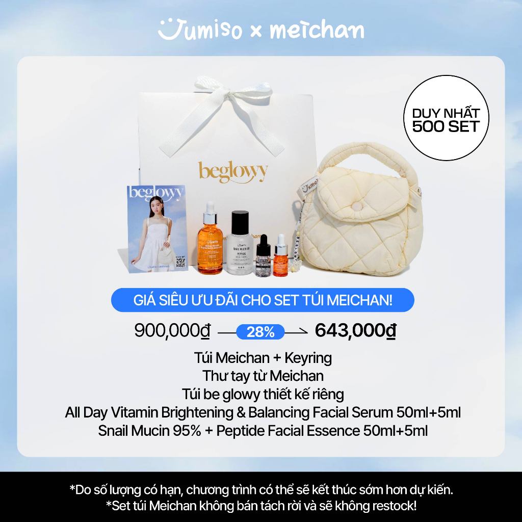 Set túi Meichan - All Day Vitamin Balancing & Brightening Serum 50ml và Snail Mucin 95 + Peptide Facial Essence 50ml