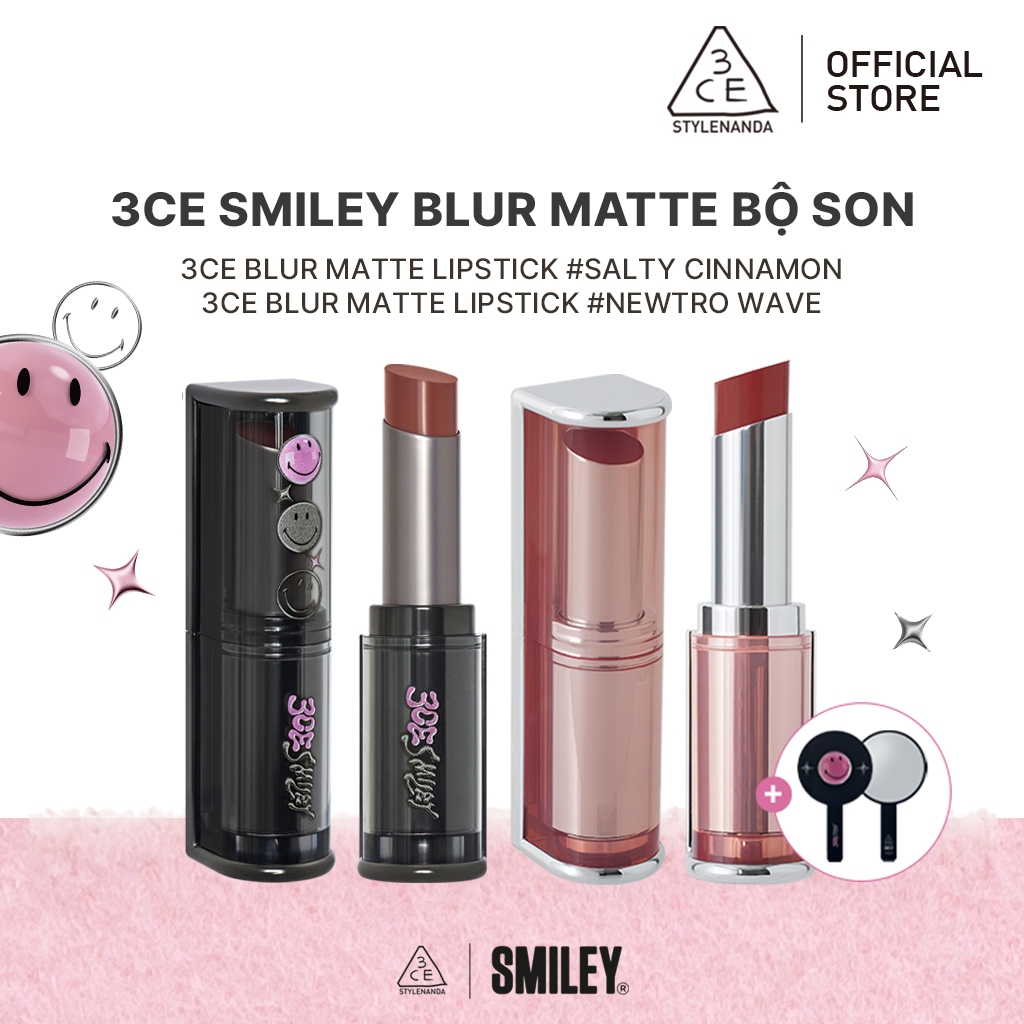 Bộ son môi 3CE lì nhám màu sắc thời trang phiên bản Smiley giới hạn 3CE Smiley Blur Matte Lipstick Kit | Official Store Kit Make up Cosmetic