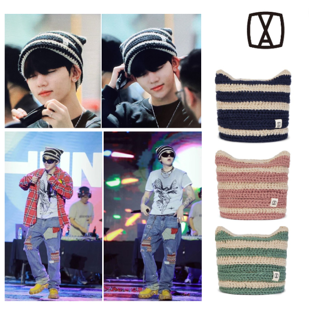 Mũ Len beanie Hàn Quốc Nhãn Vuông Sọc