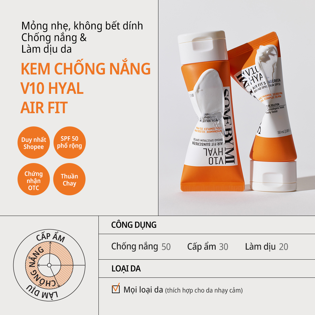 Kem chống nắng SOME BY MI dưỡng da vitamin V10 Hyal Air Fit Sunscreen 50m/ Broad Spectrum SPF50