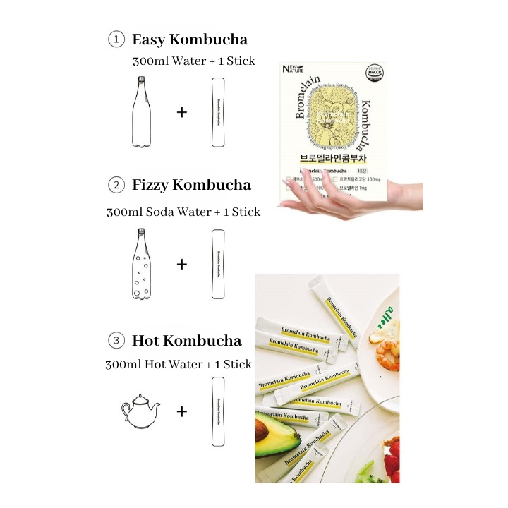 New Nature Bromelain Kombucha 5,7g x 30 Que / Kombucha đào Hàn Quốc với Enzyme Bromelain