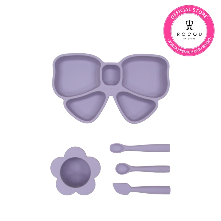 [ROCOU official shop] Set 5 dụng cụ ăn dặm silicone cao cấp ROCOU hình nơ cho bé (3 thìa, bát, khay)
