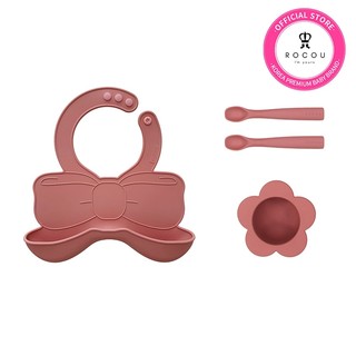 Set yếm kèm bát thìa ăn dặm silicone cao cấp ROCOU dành cho bé bắt đầu ăn dặm