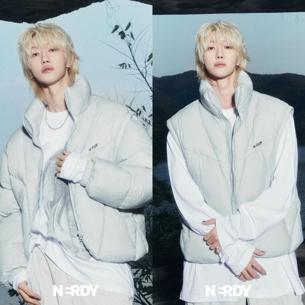 [Nerdy X Seventeen The 8] Korea Unisex Fragment 2 Way Detachable Puffer Jacket Vest _ Black / Light 