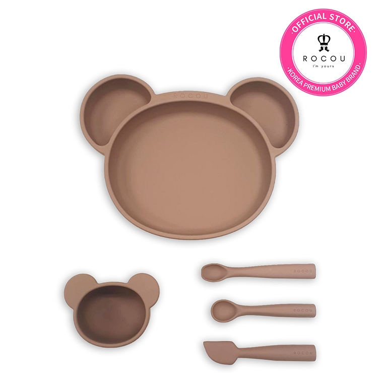 [ROCOU official shop] Set 5 dụng cụ ăn dặm silicone cao cấp ROCOU hình gấu dễ thương dành cho bé (3 