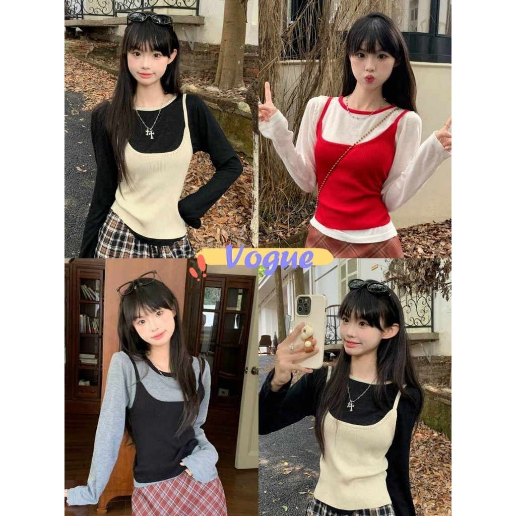 Vogue Spaghetti Dây Đeo Top + Áo Sơ Mi Dệt Kim Dài Tay Cổ Tròn Tay Dài Xuyên thấu (X77 + X77-1)