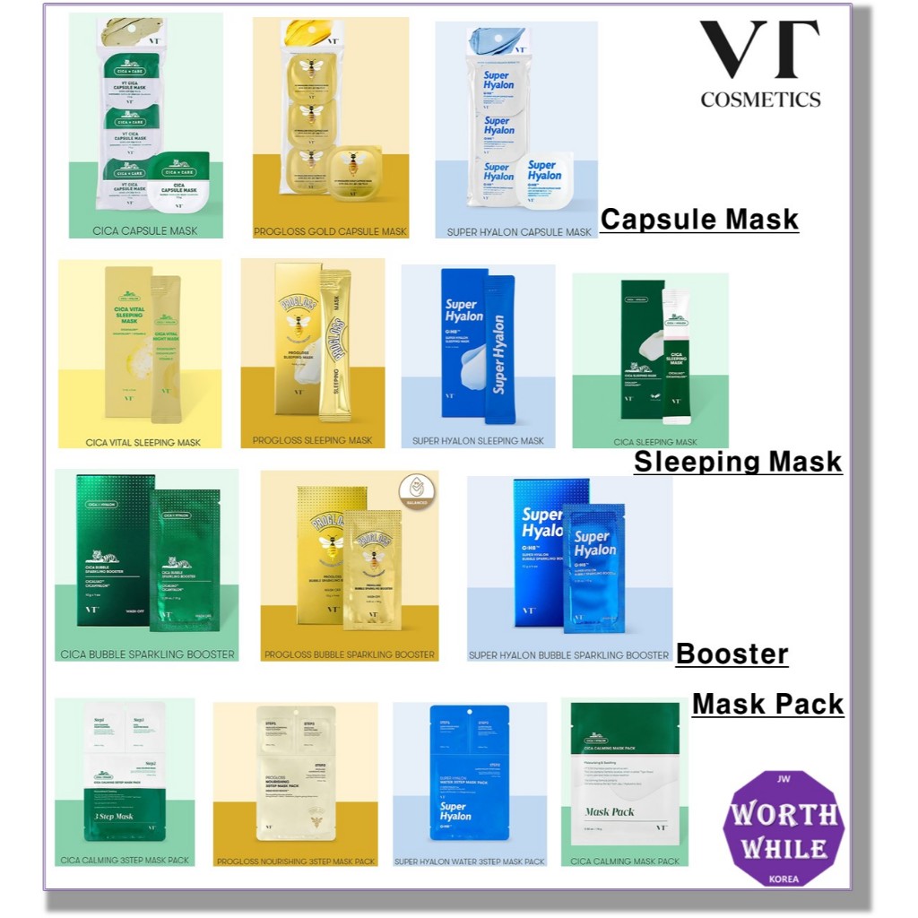 Vt / VT Cica Progloss Super Hyalon Capsule Mask, Mặt nạ ngủ, Tăng cường bong bóng, Gói mặt nạ 3 bước 1ea