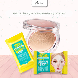   Ariul Official  Cushion Ariul mỏng nhẹ tự nhiên + khăn ướt tẩy trang + pad tẩy trang mắt môi 
