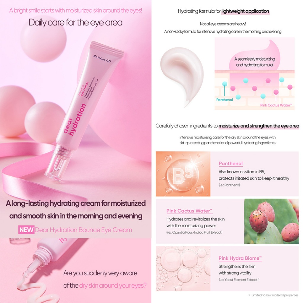 Banila CO Dear Hydration Moisture Bounce Eye Cream & Lip Balm, Water Dew Mask, Peach-Collagen Mask - Shea Butter, Hydrating & Smoothing, pH Balanced