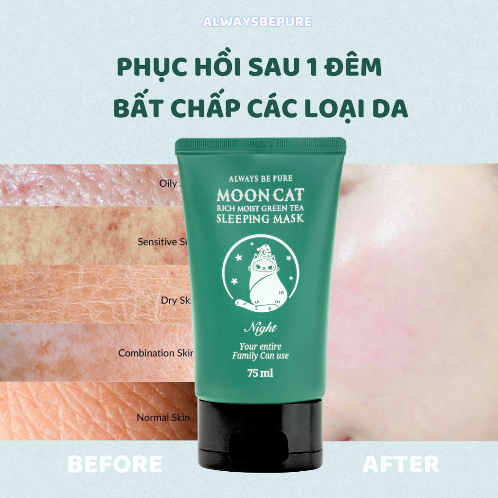 [Mới] Mask ngủ dưỡng ẩm làm sáng trà xanh MoonCat [AlwaysbePure] 75ml