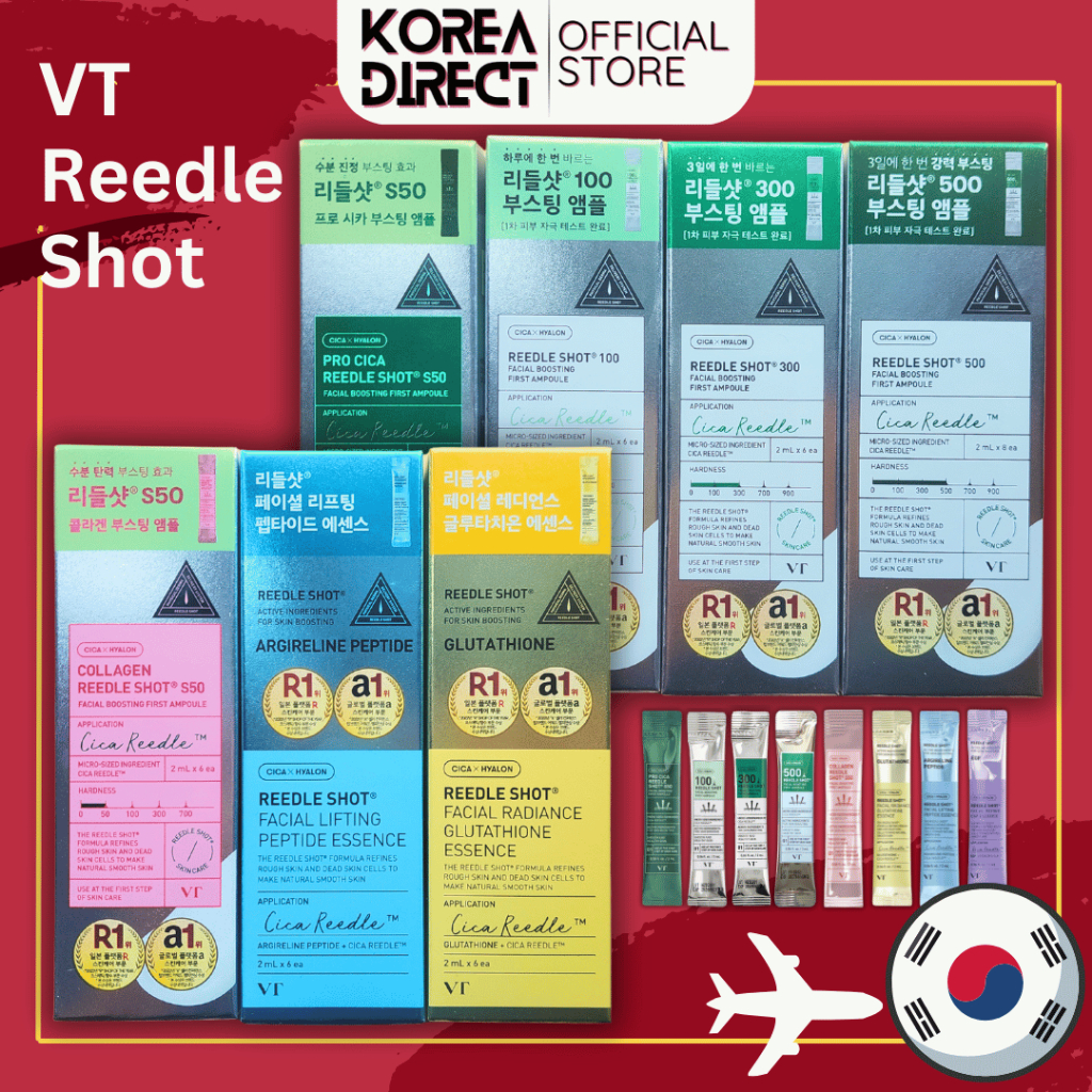 Vt Cosmetics Reedle Shot 50, 100, 300, 500, Collagen, Glutathione, Argireline Peptide, EFG, DAISO