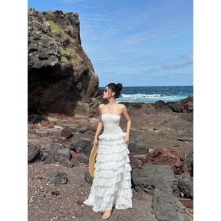 P018 - Đầm maxi trắng nhún ngực phối chân váy lưới tầng dài