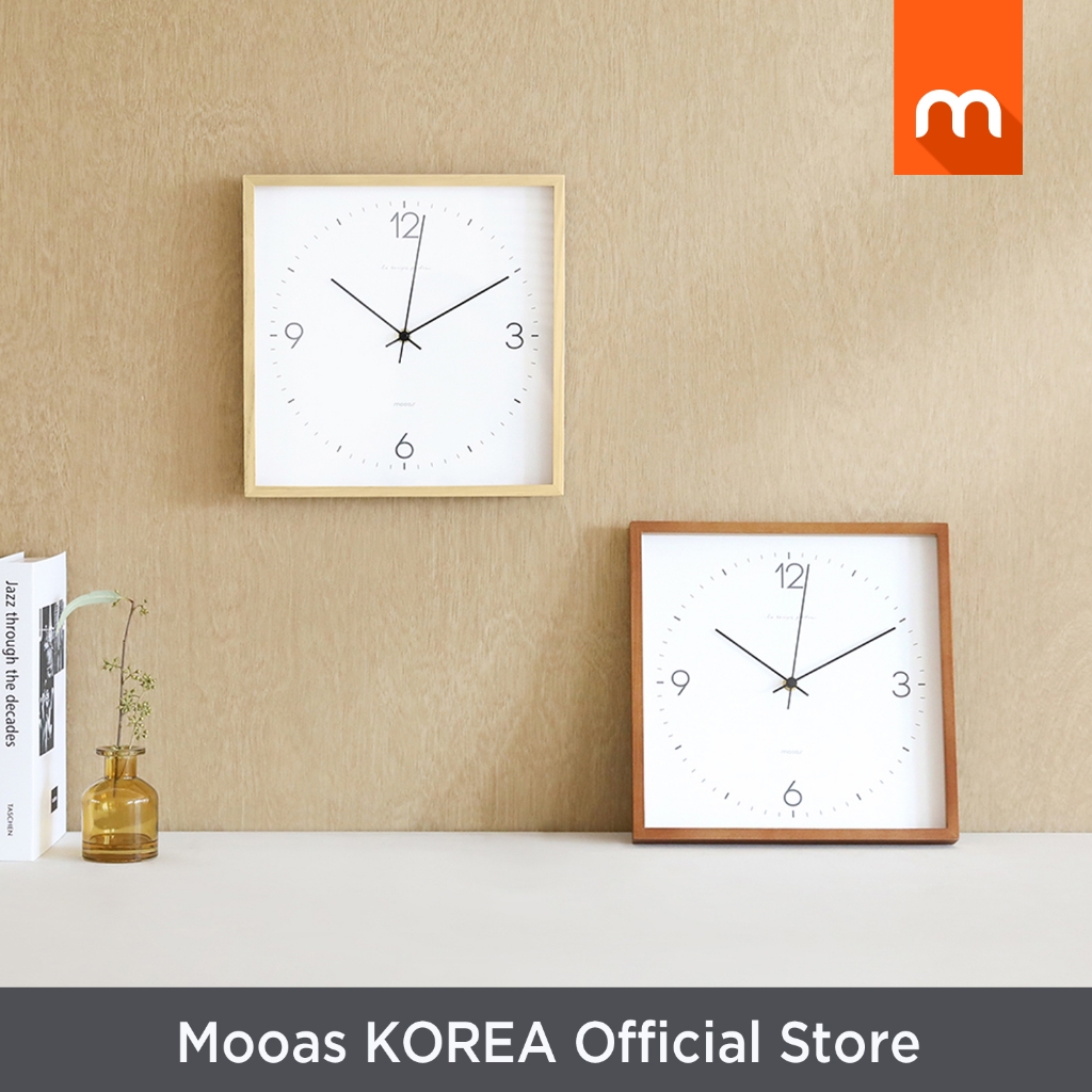 mooas Đồng hồ treo tường vuông khung gỗ, chuyển động quét chống dính bằng gỗ, hai màu