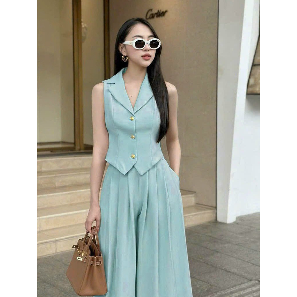 Set áo cổ vest sát nách nữ phối quần ống rộng giả váy 4 màu thời trang cho các nàng đi dạo phố