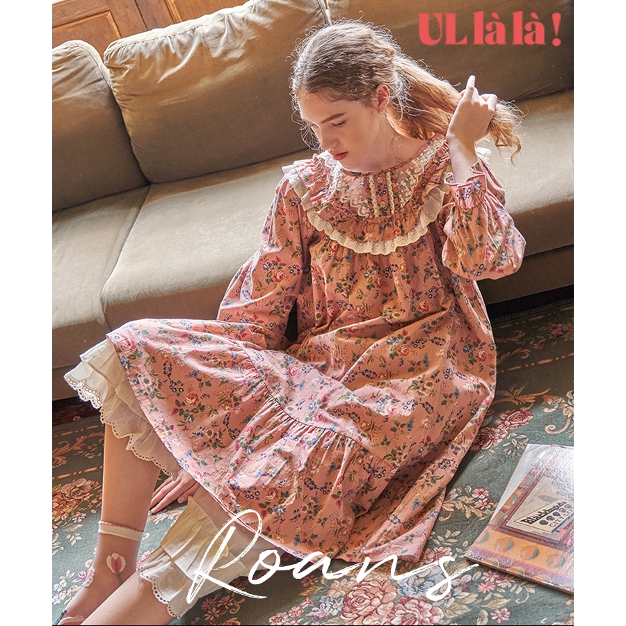 (WOLX23190V) ULLALA PAJAMAS Roans VÁY NGỦ Tay dài một mảnh COTTON Free Size