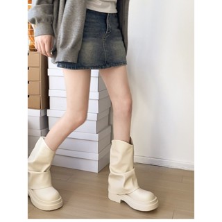 (sẵn) Boot nữ Julyboot - trắng cao cổ nữ boot ống đế cao mẫu mới mùa thu 2024 nữ, Bốt cổ lửng nữ Màu Trắng Kem Sữa pipe2